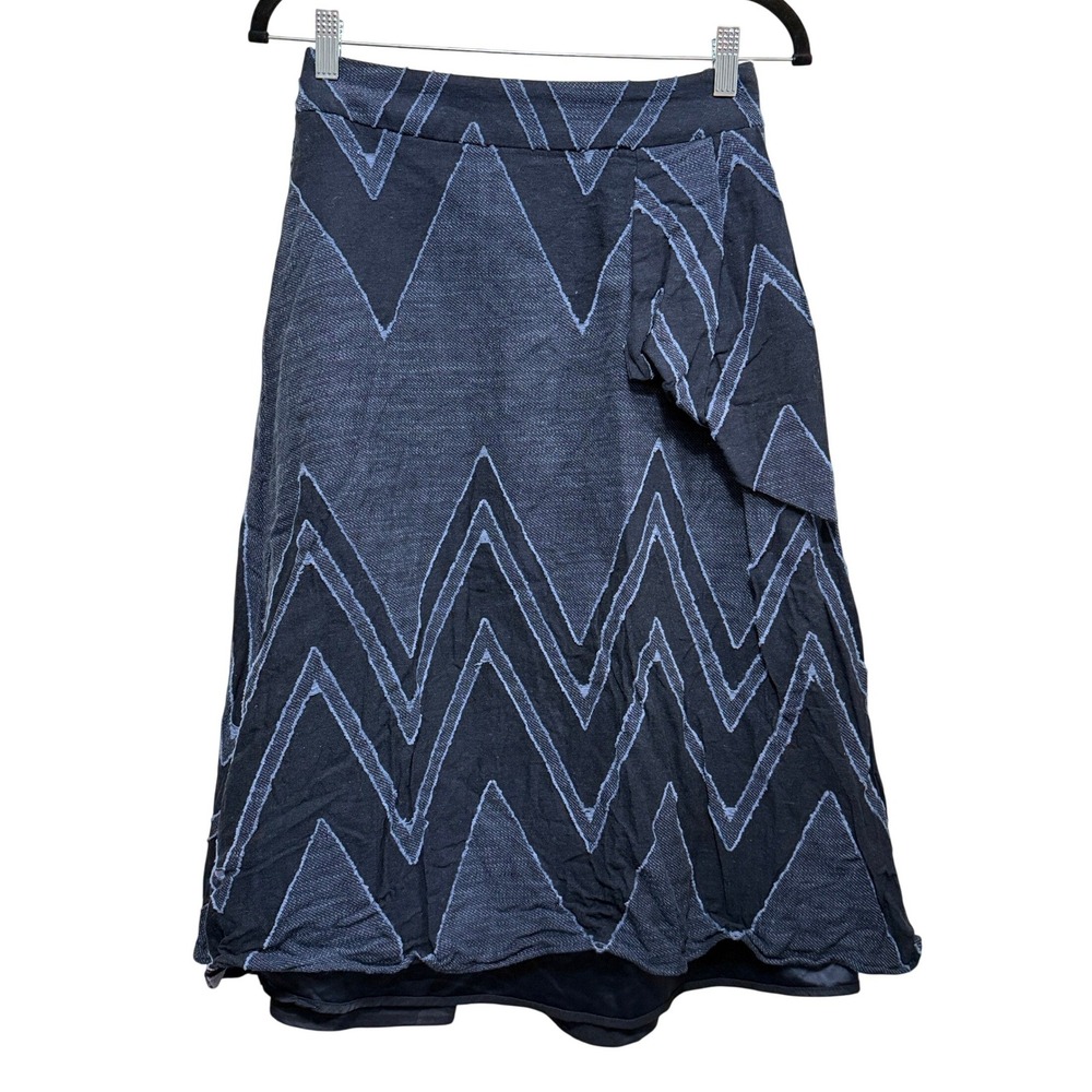 Eva Franco Navy Blue Chevron Cotton Linen Ruffle Midi Skirt Size 4 JQ7002AN